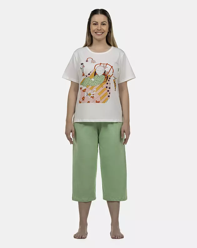 Pijama Feminino Adulto Manga Curta e Corsário