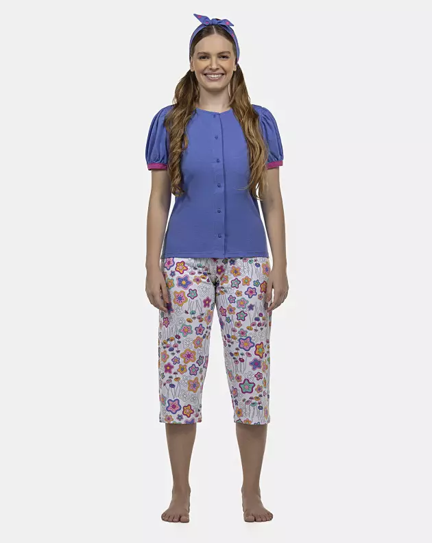 Pijama Feminino Adulto Manga Curta Aberta e Corsário