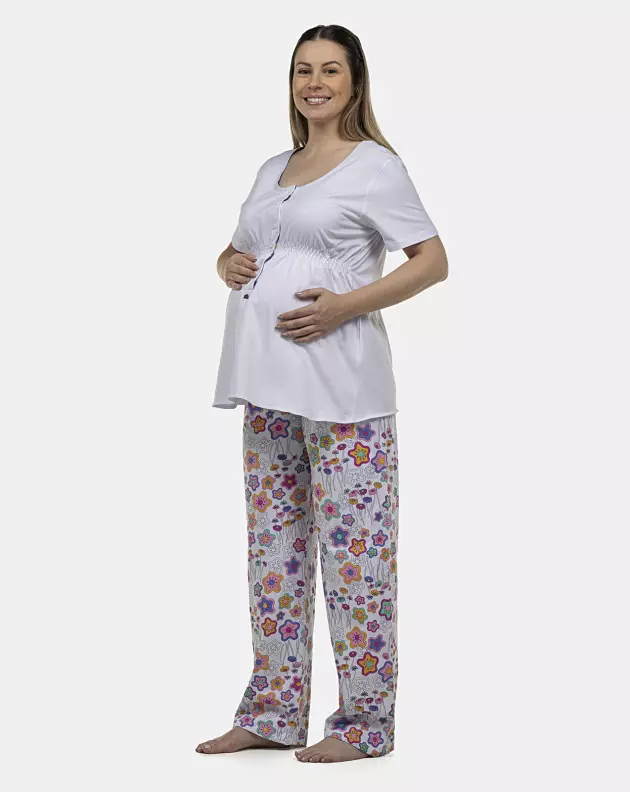Pijama Feminino Gestante Manga Curta e Calça