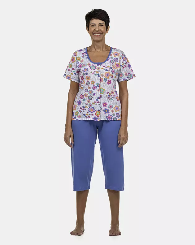 Pijama Feminino Adulto Manga Curta Aberta e Corsário