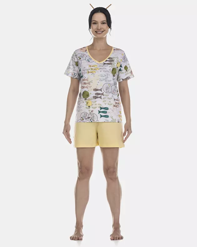 Pijama Feminino Adulto Manga Curta Decote V e Short