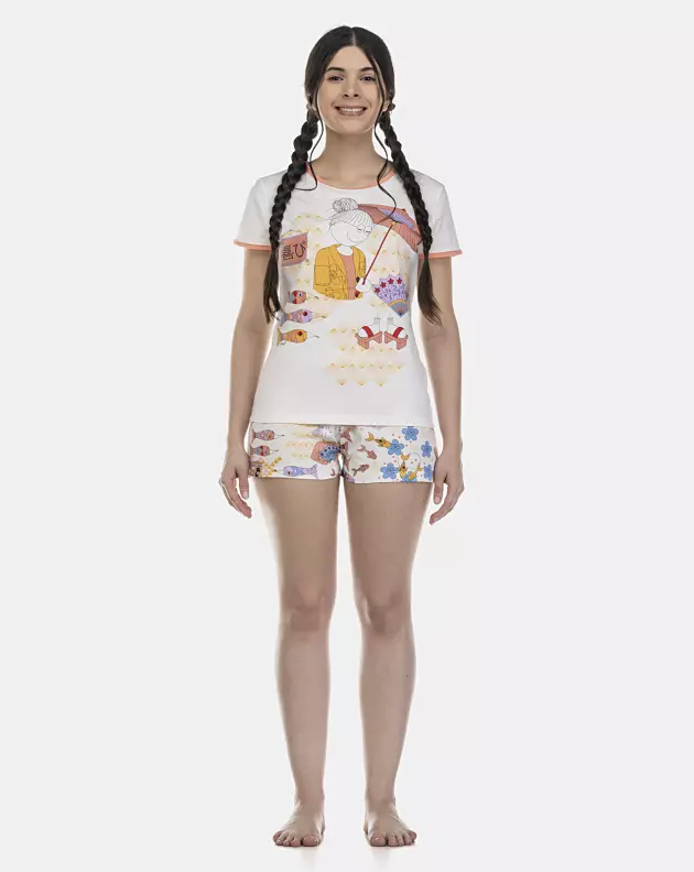 Pijama Feminino Adulto Baby-Look Manga Curta e Short