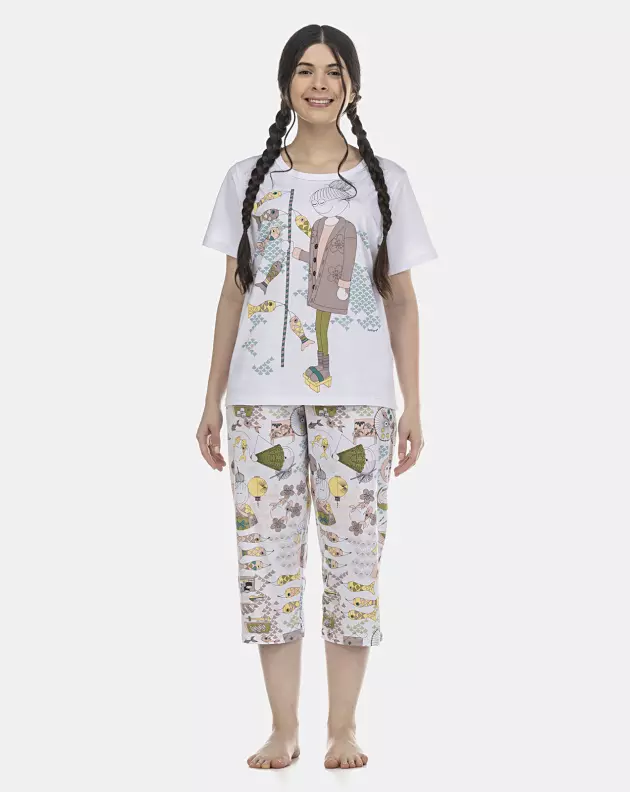 Pijama Feminino Adulto Manga Curta e Corsário