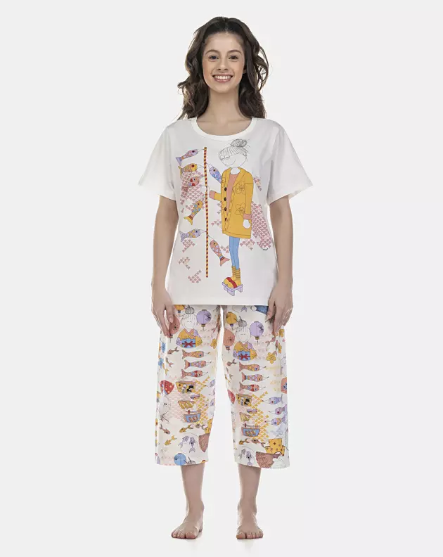 Pijama Feminino Adulto Manga Curta e Corsário