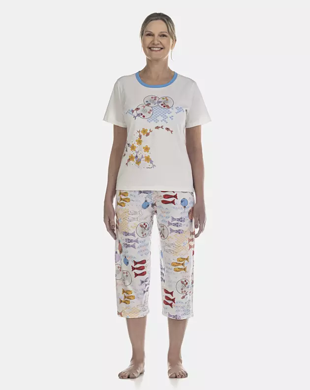 Pijama Feminino Adulto Manga Curta e Corsário