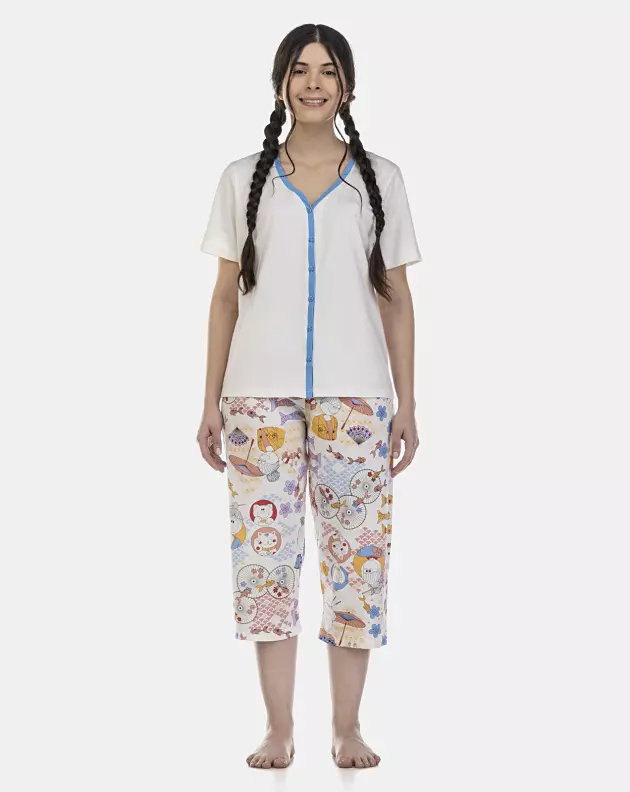 Pijama Feminino Adulto Manga Curta Aberto e Corsário