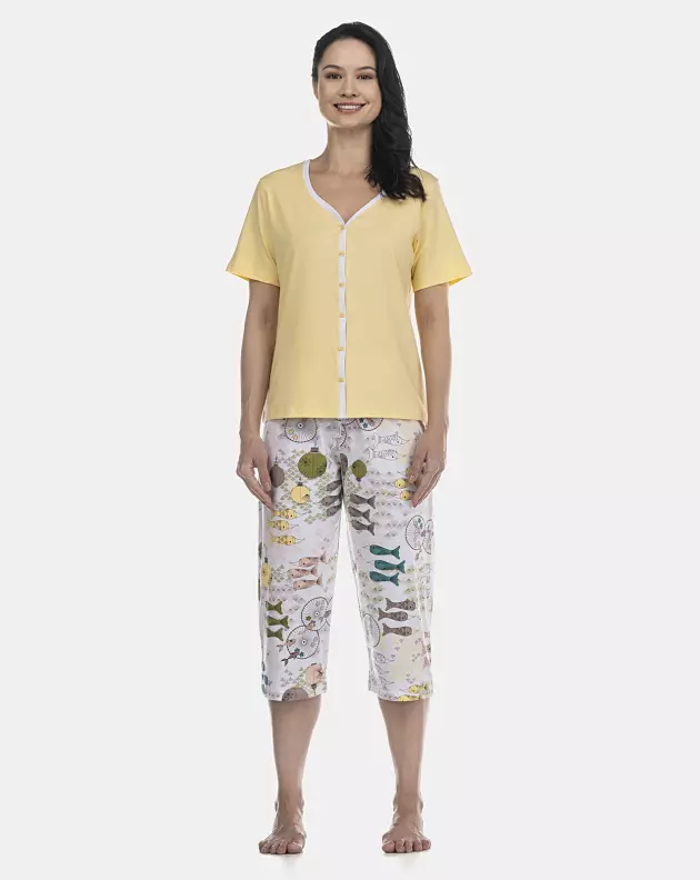 Pijama Feminino Adulto Manga Curta Aberto e Corsário