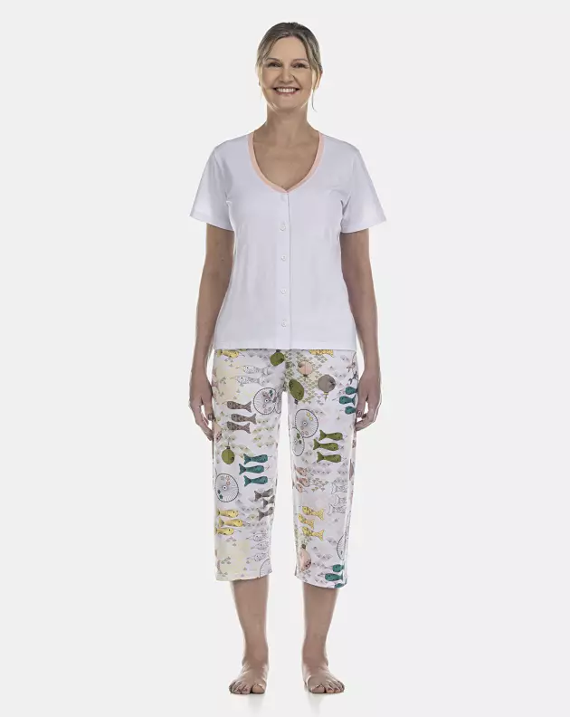 Pijama Feminino Adulto Manga Curta Aberto e Corsário