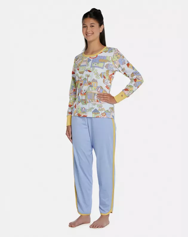 Pijama Feminino Adulto Manga Longa Com Punhos e Calça