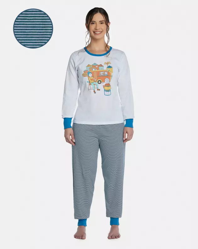 Pijama Feminino Adulto Manga Longa e Calça Com Punhos
