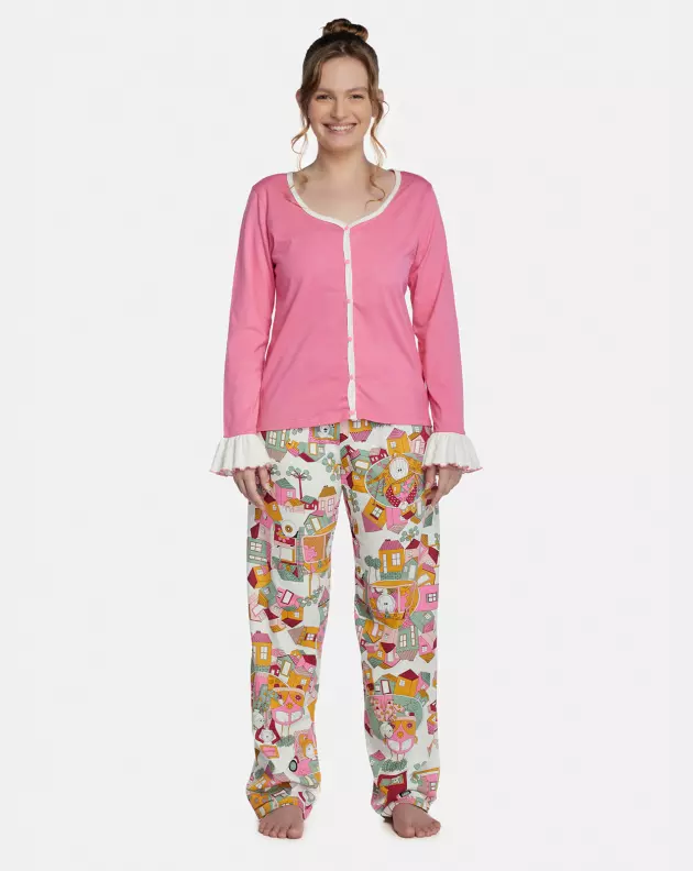 Pijama Feminino Adulto Manga Longa e Calça