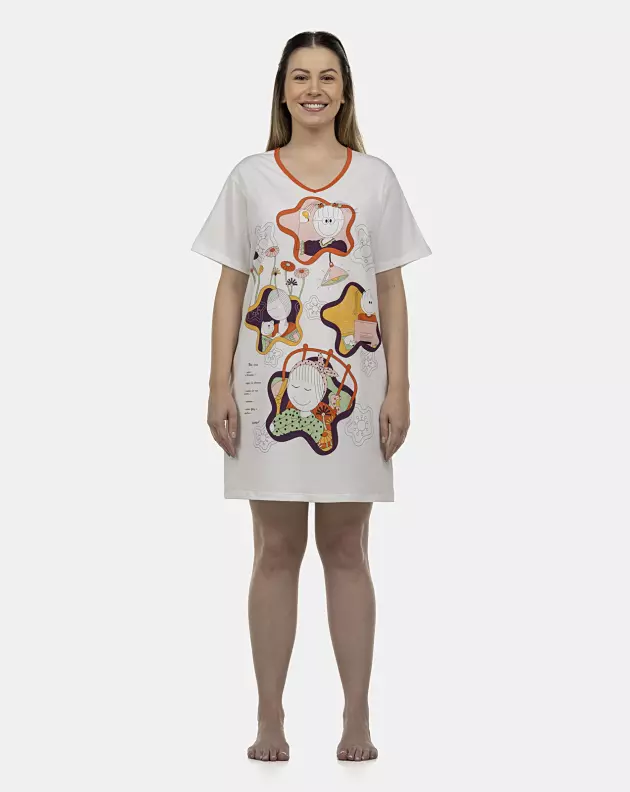 Camisão Feminino Adulto Manga Curta Decote V