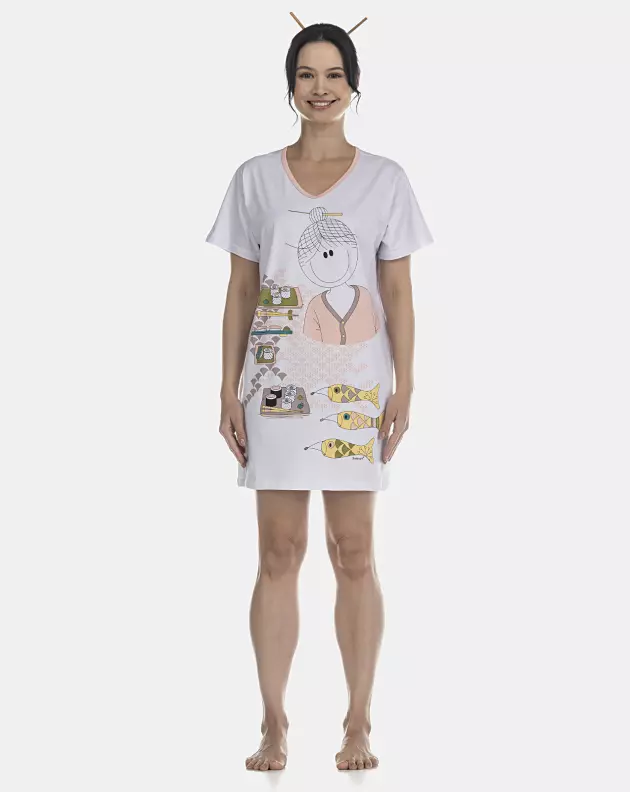 Camisão Feminino Adulto Manga Curta Decote V