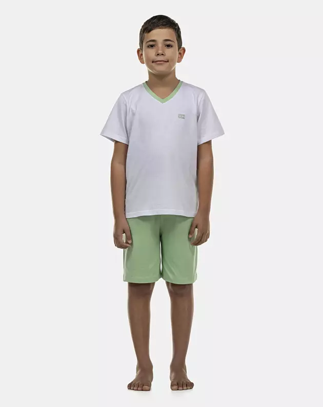 Pijama Masculino Kids Manga Curta Decote V e Bermuda 