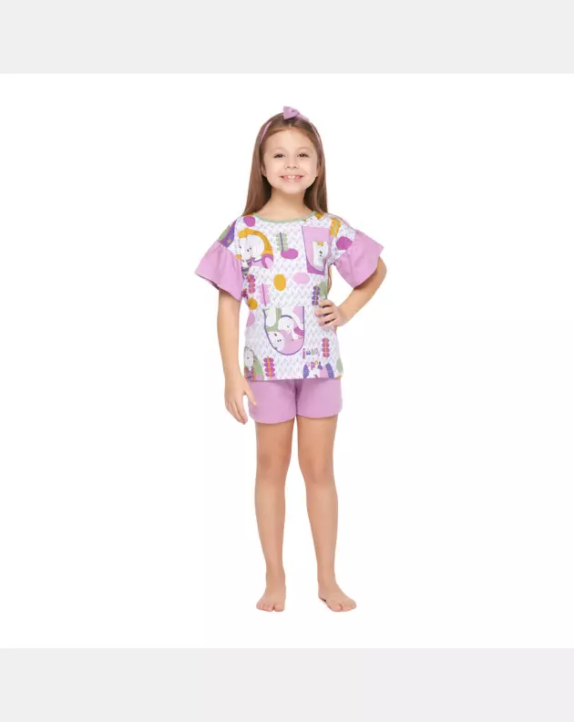 Pijama Feminino Curto Infantil Blusa manga curta e short Lavanda