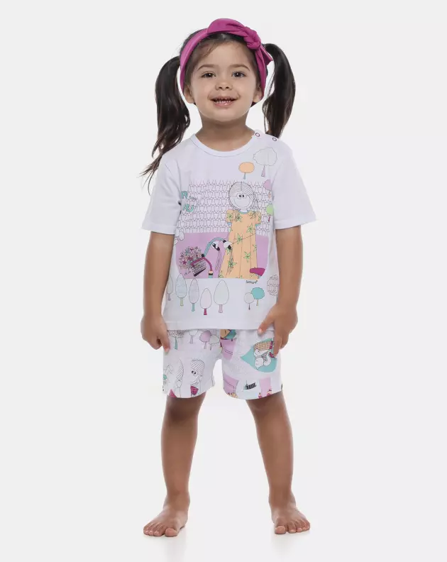 Pijama Feminino Infantil Manga Curta e Short Estampa Annie
