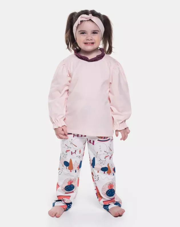 Pijama Feminino Blusa Manga Longa Babado e Calça Estampada
