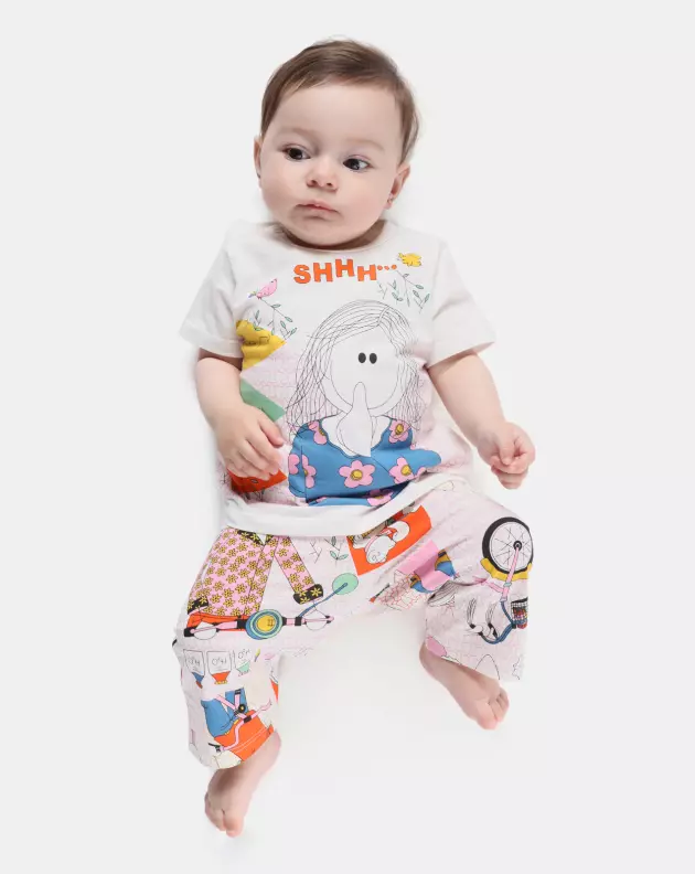 Pijama Bebê Menina Manga Curta e Calça Estampada