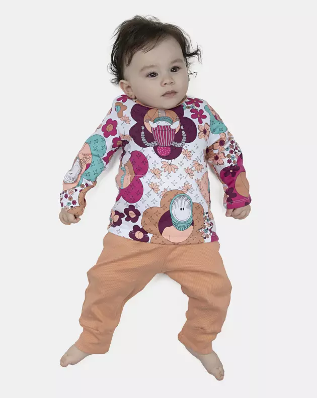 Pijama Feminino Bebe Body Manga Longa Moletinho e Calça Canelada